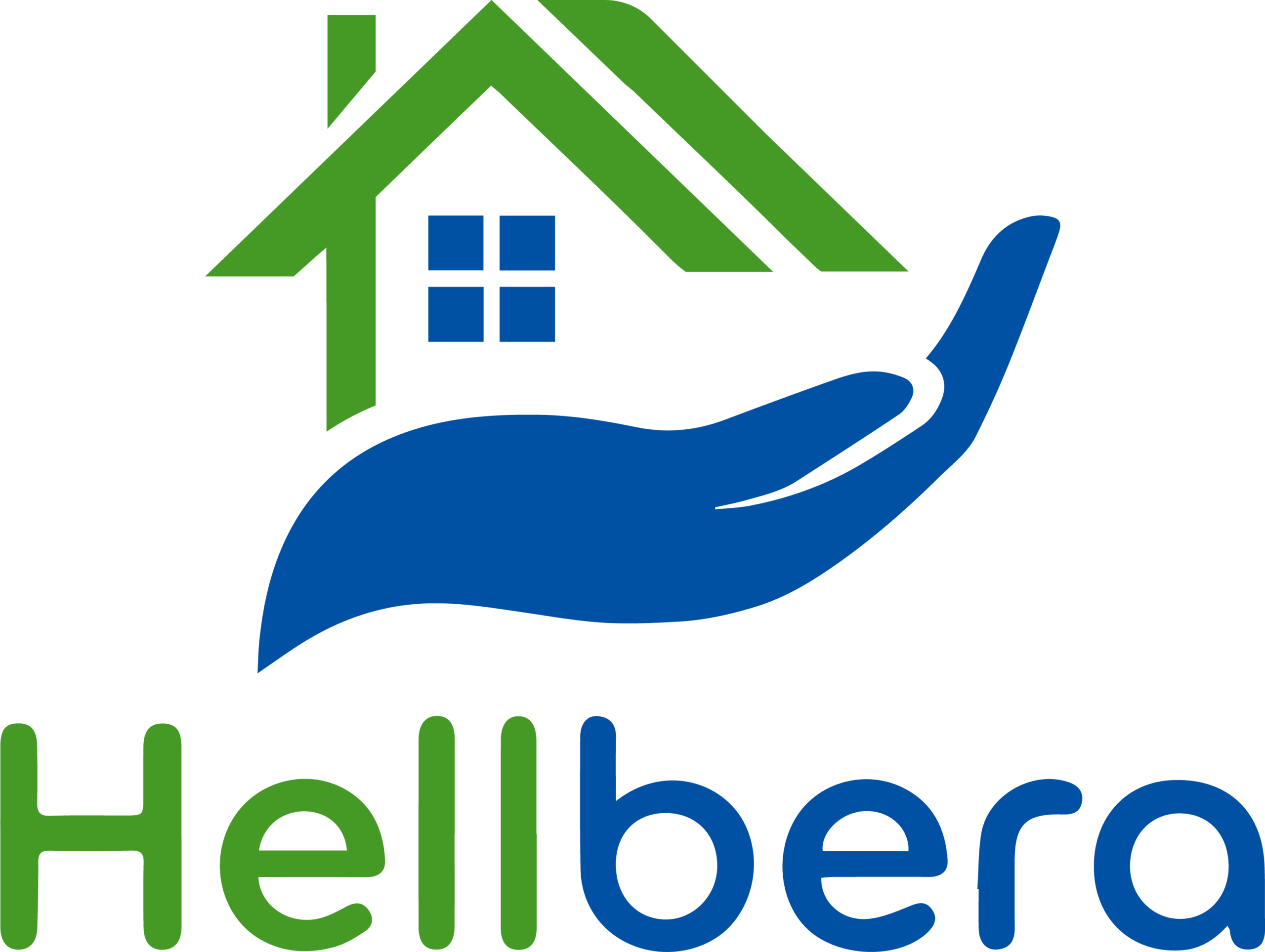 „Hellbera Logo – grünes Haus mit blauer Hand als Symbol für Schutz und Fürsorge.“